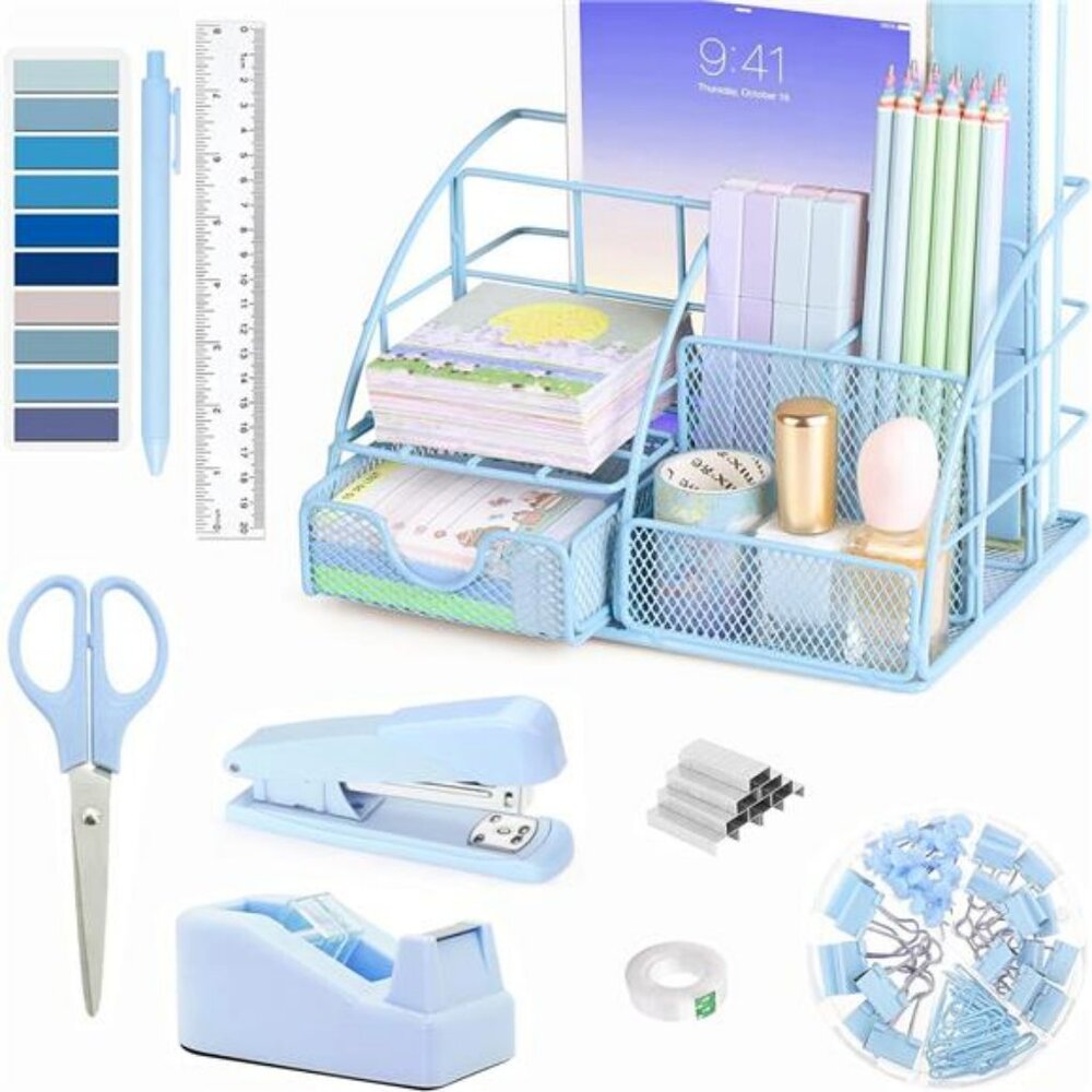 Blue desk accessories set 10 piece organizer stapler tape dispenser office suppl